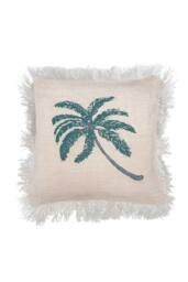 KDMD Linen Cushion Cover 45x45cm Palm Tree with Fringe in Beige - Size: 45x45 cm