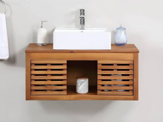 Vente-unique Acacia Wood Wall-Hung Bathroom Unit With Single Basin - 90 Cm in Walnut - image 1