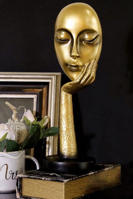 Living and Home 11.5cm Dia x 37cm H Abstract Art Resin Mask Ornaments Meditation Sculpture in Gold - Size: 11.5 cm Dia x 37 cm H - image 1