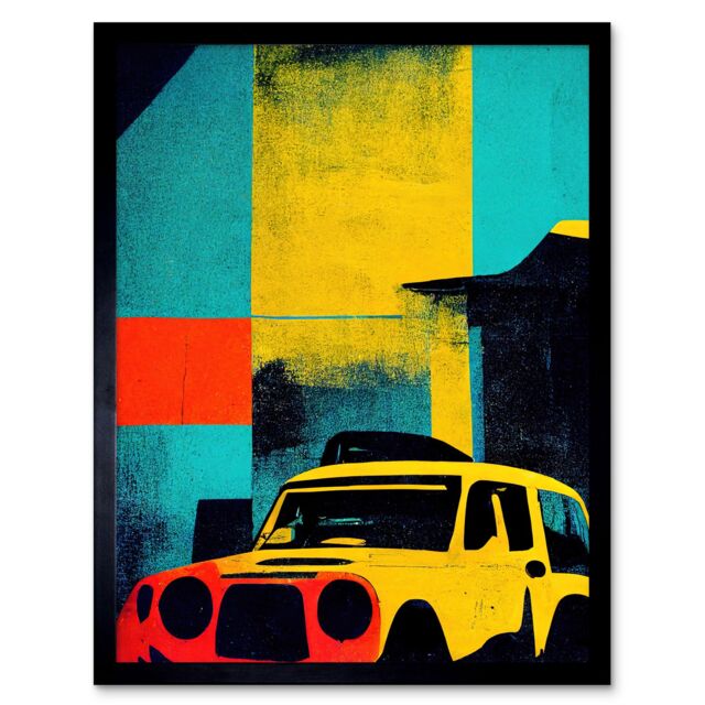"Artery8 Wall Art Print Andy Warhol Inspired Modern Abstract Car Taxi Yellow Orange Teal Black Art Framed - Size: W12"" x H16""" - image 1