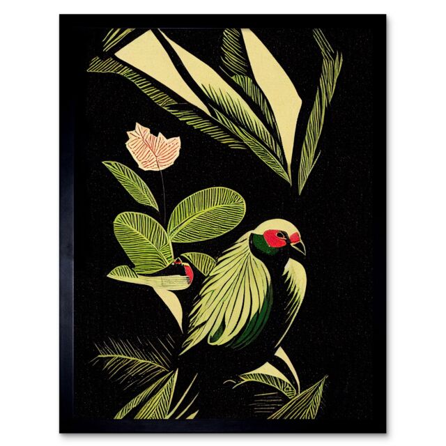 "Artery8 Wall Art Print Green Black Modern Vintage Tropical Plant Leaves with Bird Art Framed - Size: W12"" x H16""" - image 1