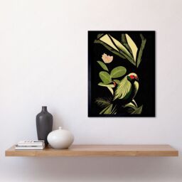 "Artery8 Wall Art Print Green Black Modern Vintage Tropical Plant Leaves with Bird Art Framed - Size: W12"" x H16""" - thumbnail 2
