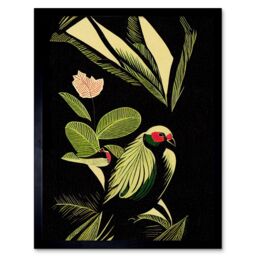 "Artery8 Wall Art Print Green Black Modern Vintage Tropical Plant Leaves with Bird Art Framed - Size: W12"" x H16""" - thumbnail 1