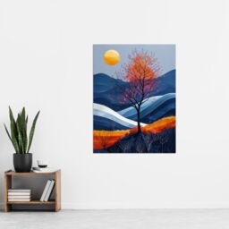"Artery8 Wall Art Print Moon & Autumn Tree in Scottish Hills Painting Poster in Blue - Size: W24"" x H32""" - thumbnail 4