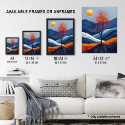 "Artery8 Wall Art Print Moon & Autumn Tree in Scottish Hills Painting Poster in Blue - Size: W24"" x H32""" - thumbnail 3
