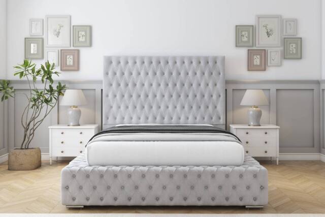 "Sloomy Ambassador Naples Bed Frame With 50"" Upholstered Headboard in Silver - Size: Single" - image 1