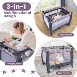 Costway 3 in 1 Baby Activity Center Foldable Playpen w/ Diaper Changing Table in Grey - thumbnail 2