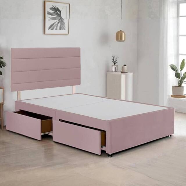 "Bed Time UK Plush Divan Bed Frame with 20"" Horizontal Headboard & 2 Drawers in Pink - Size: Small Double" - image 1