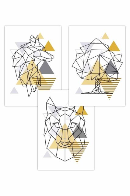 ARTZE Set of 3 Geometric Line Art Yellow Wolf Art Posters - Size: W50 cm x H70 cm - image 1