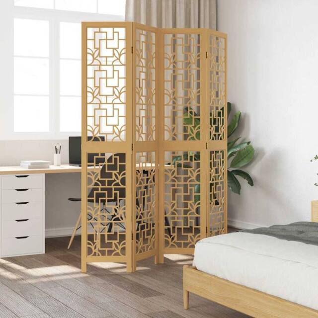 Berkfield Home Room Divider 4 Panels Brown Solid Wood Paulownia in Light Tan - image 1