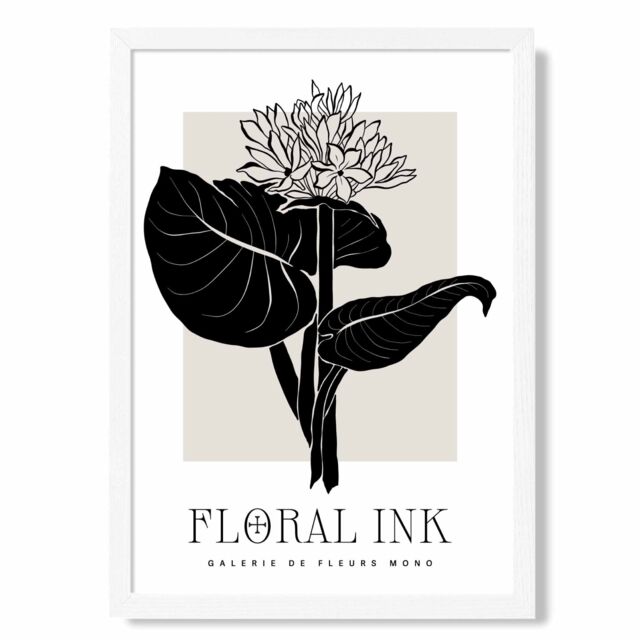 ARTZE Lotus Flower in Black & Beige Floral Ink Sketch Framed Print SIZE: A4 with White Frame - image 1