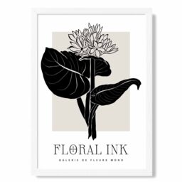 ARTZE Lotus Flower in Black & Beige Floral Ink Sketch Framed Print SIZE: A4 with White Frame - thumbnail 1