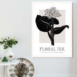 ARTZE Lotus Flower in Black & Beige Floral Ink Sketch Framed Print SIZE: A4 with White Frame - thumbnail 2