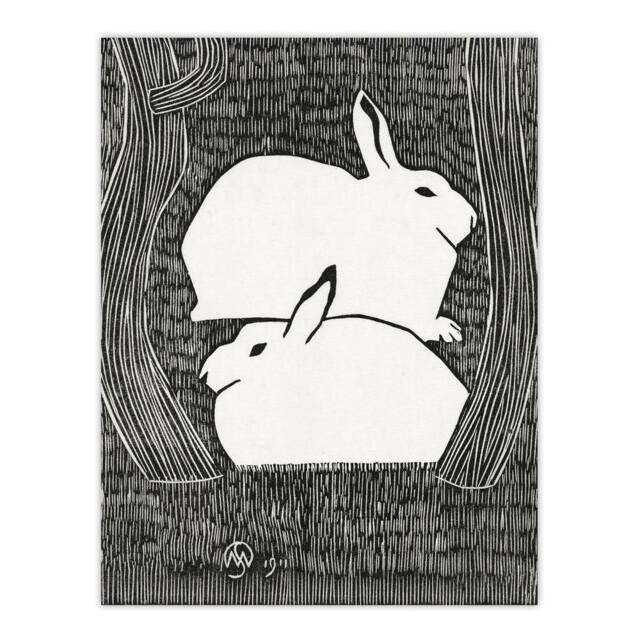 "Artery8 Two Stylised Snow Hares Samuel J De Mesquita Wall Art Poster Print in Black - Size: W12"" x H16""" - image 1