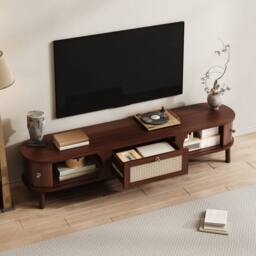 Matteo Walnut TV Cabinet with Solid Wood Doors & Rattan Drawers - thumbnail 2