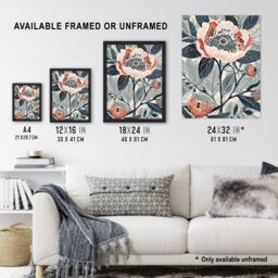 "Artery8 Blooming Peonies Blue Pink Floral Design Wall Art Print - Size: W24"" x H32""" - thumbnail 3