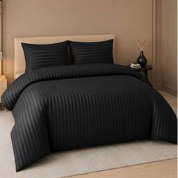 Pamposh Satin Stripes Duvet Cover Set Reversible Bedding Sets in Black - Size: Double - thumbnail 1