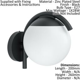 Loops IP44 Outdoor Wall Light Black & Diffused Shade 1 x 28W E27 Bulb Porch Lamp - thumbnail 2