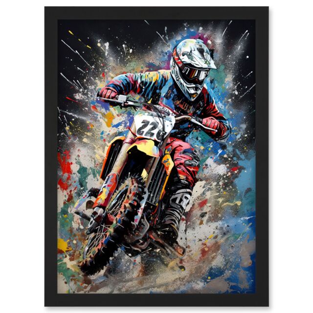 Artery8 Motocross Race Action Shot Extreme Sport Painting Artwork Framed Wall Art Print A4 in Black - image 1