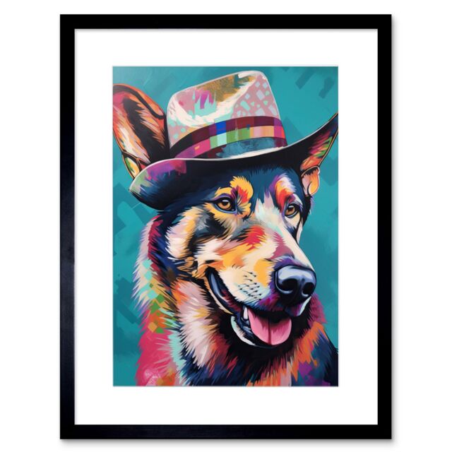 "Artery8 Wall Art Print German Shepherd with Fedora Hat Vibrant Portrait Artwork Framed 9X7 Inch in Black - Size: W7"" x H9""" - image 1