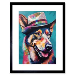 "Artery8 Wall Art Print German Shepherd with Fedora Hat Vibrant Portrait Artwork Framed 9X7 Inch in Black - Size: W7"" x H9""" - thumbnail 1