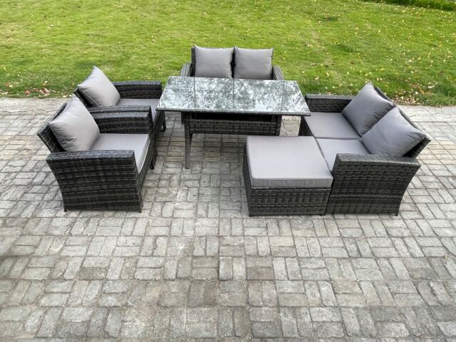Fimous Rattan Garden Furniture Set 7 Seater Patio Outdoor Lounge Sofa Set with Oblong Dining Table Double Seat Sofa in Dark Grey
