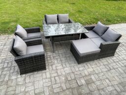 Fimous Rattan Garden Furniture Set 7 Seater Patio Outdoor Lounge Sofa Set with Oblong Dining Table Double Seat Sofa in Dark Grey - thumbnail 2