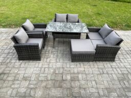 Fimous Rattan Garden Furniture Set 7 Seater Patio Outdoor Lounge Sofa Set with Oblong Dining Table Double Seat Sofa in Dark Grey - thumbnail 1