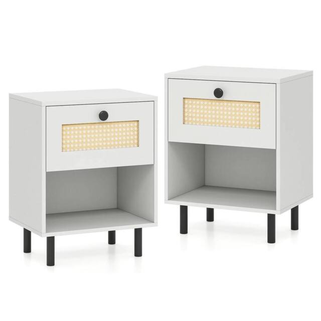 SPETLEK Rattan Accent End Table Boho Style Nightstand with Drawer in White - Size: 0.6m2 - image 1