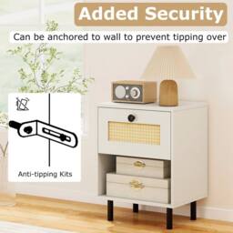 SPETLEK Rattan Accent End Table Boho Style Nightstand with Drawer in White - Size: 0.6m2 - thumbnail 7