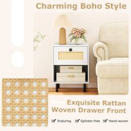 SPETLEK Rattan Accent End Table Boho Style Nightstand with Drawer in White - Size: 0.6m2 - thumbnail 6