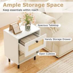 SPETLEK Rattan Accent End Table Boho Style Nightstand with Drawer in White - Size: 0.6m2 - thumbnail 4