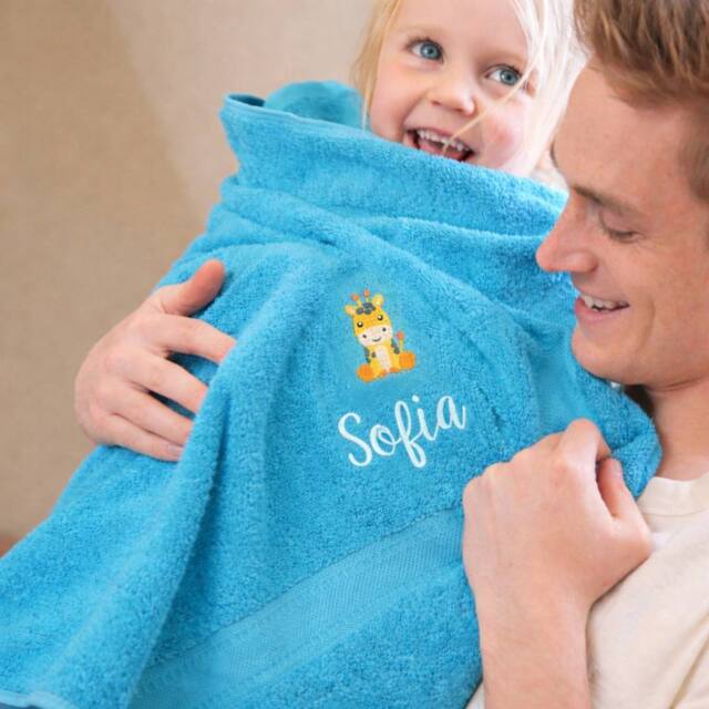 Duncan Stewart Kid's Personalised Giraffe Bath Towel in Turquoise - image 1