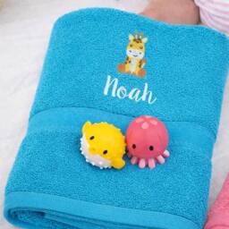 Duncan Stewart Kid's Personalised Giraffe Bath Towel in Turquoise - thumbnail 2