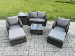 Fimous Rattan Garden Furniture Set Patio Conservatory Indoor Outdoor 6 Seater Set with Love Sofa Square Coffee Table in Dark Grey - thumbnail 1