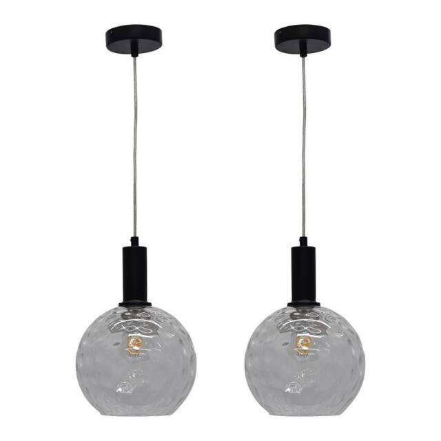 First Choice Lighting Set of 2 Barnum - Clear Dimple Glass Globe Black Deco Pendant Fittings - image 1