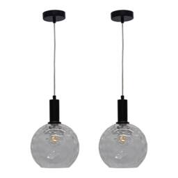 First Choice Lighting Set of 2 Barnum - Clear Dimple Glass Globe Black Deco Pendant Fittings - thumbnail 1