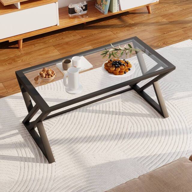 Huhote Rectangular Glass Coffee Table Black Metal Frame Living Room Table in Clear - image 1