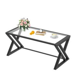 Huhote Rectangular Glass Coffee Table Black Metal Frame Living Room Table in Clear - thumbnail 9