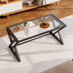 Huhote Rectangular Glass Coffee Table Black Metal Frame Living Room Table in Clear