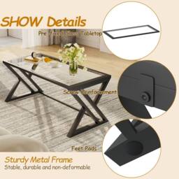Huhote Rectangular Glass Coffee Table Black Metal Frame Living Room Table in Clear - thumbnail 5
