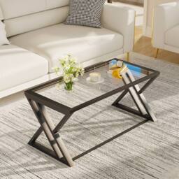 Huhote Rectangular Glass Coffee Table Black Metal Frame Living Room Table in Clear - thumbnail 3