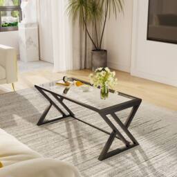 Huhote Rectangular Glass Coffee Table Black Metal Frame Living Room Table in Clear - thumbnail 2