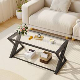 Huhote Rectangular Glass Coffee Table Black Metal Frame Living Room Table in Clear - thumbnail 4