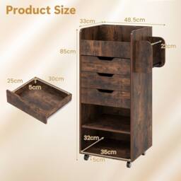 VOGREX Brown Rolling Storage Cart 3 Drawers 2 Dowel Rods - thumbnail 2