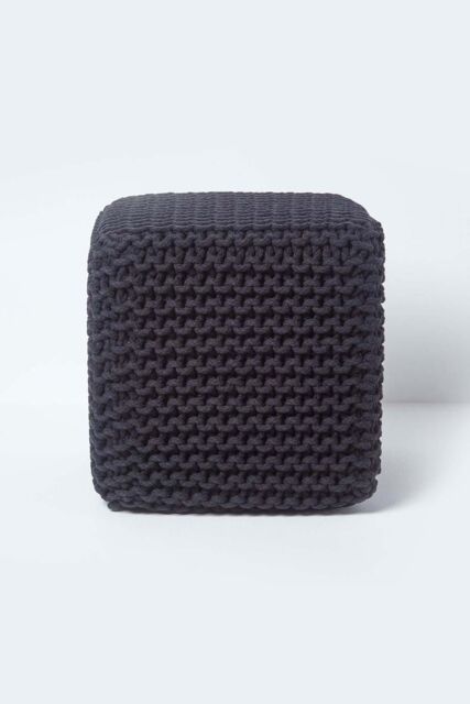 Homescapes Cube Cotton Knitted Pouffe Footstool in Black - image 1