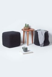 Homescapes Cube Cotton Knitted Pouffe Footstool in Black - thumbnail 6