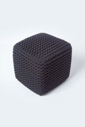 Homescapes Cube Cotton Knitted Pouffe Footstool in Black - thumbnail 3