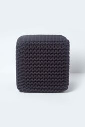 Homescapes Cube Cotton Knitted Pouffe Footstool in Black