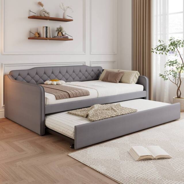 BTM 4ft6 Double Daybed Upholstered Sofa Bed Trundle Velvet Bed in Grey - image 1